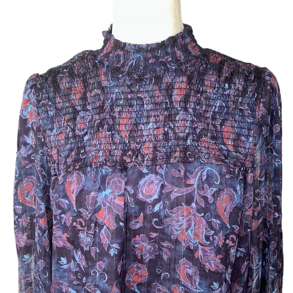 JOIE Purple Floral Metallic Silver Smocked High Neck Balloon Sleeve Blouse - M - Picture 2 of 12